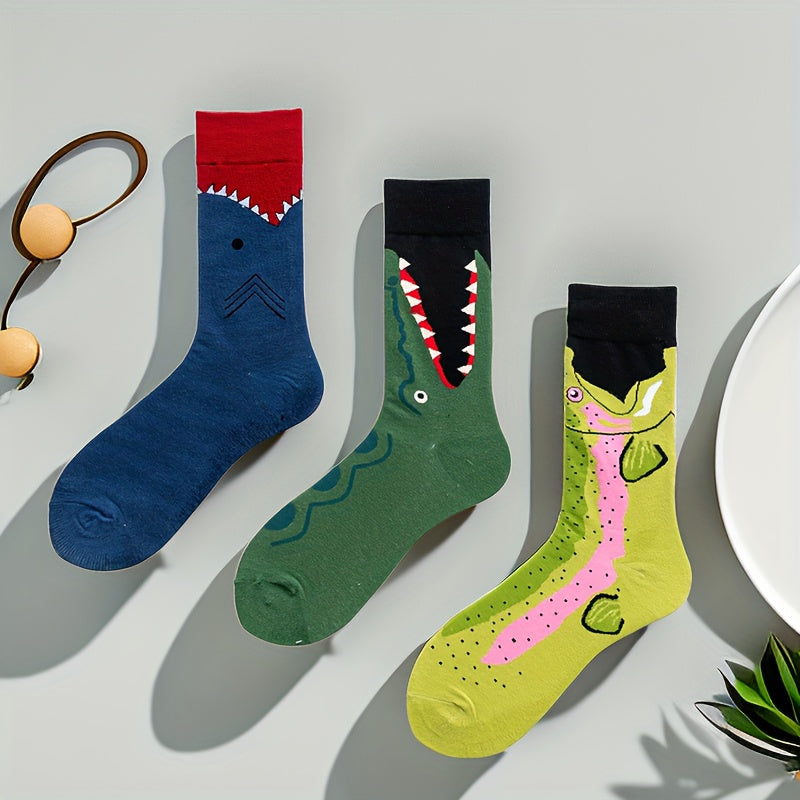 3 Pairs Men's Warm Funny Crew Socks with Animal Dinosaur Fruit Prints