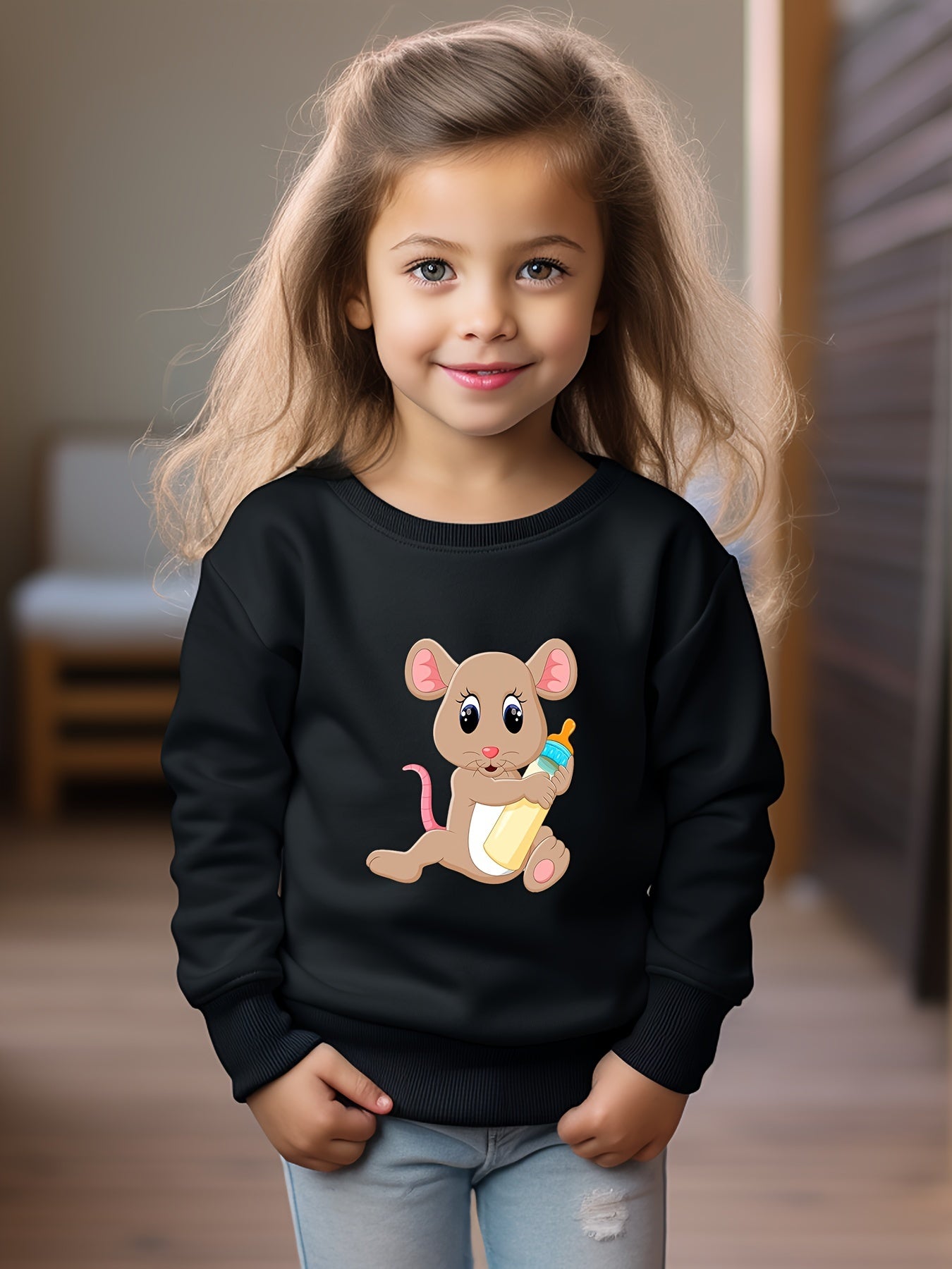 Cartoon Mouse Pattern Crew Neck Long Sleeve Sweatshirt For Girls Kids