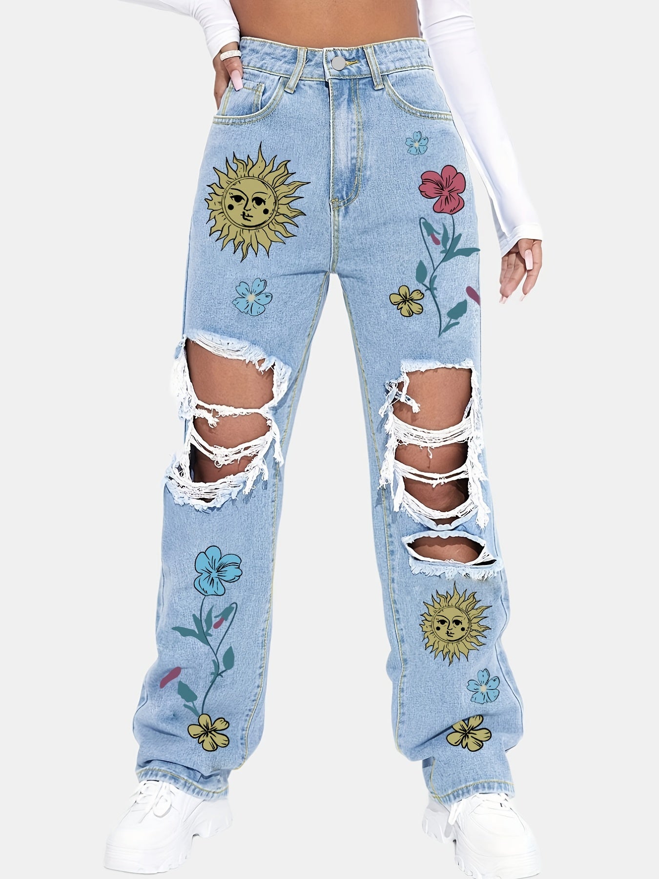 Women's Plus Floral & Sun Print Button Fly Ripped Straight Leg Jeans
