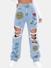 Women's Plus Floral & Sun Print Button Fly Ripped Straight Leg Jeans