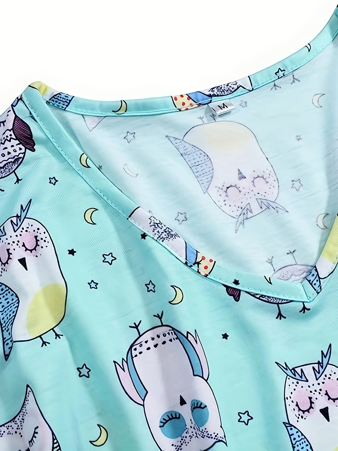Cartoon Owl Print Pajama Set Short Sleeve V Neck Top & Elastic Waistband Pants