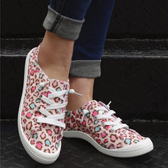 Leopard Print Flat Skate Shoes Lightweight Lace Up Canvas Casual Walking Shoes