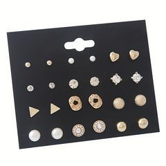 Girl's Stud Earrings Set Faux Pearl & CZ Geometric Mini Ear Studs