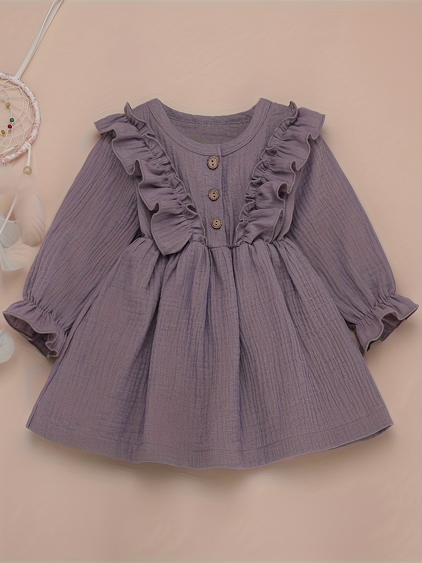 Girls Ruffle Trim Button Long Sleeve Dress