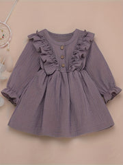 Girls Ruffle Trim Button Long Sleeve Dress
