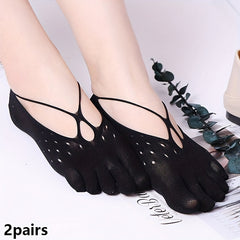 2 Pairs Hollow Out Toe Socks Comfy & Breathable Yoga Five Finger Socks