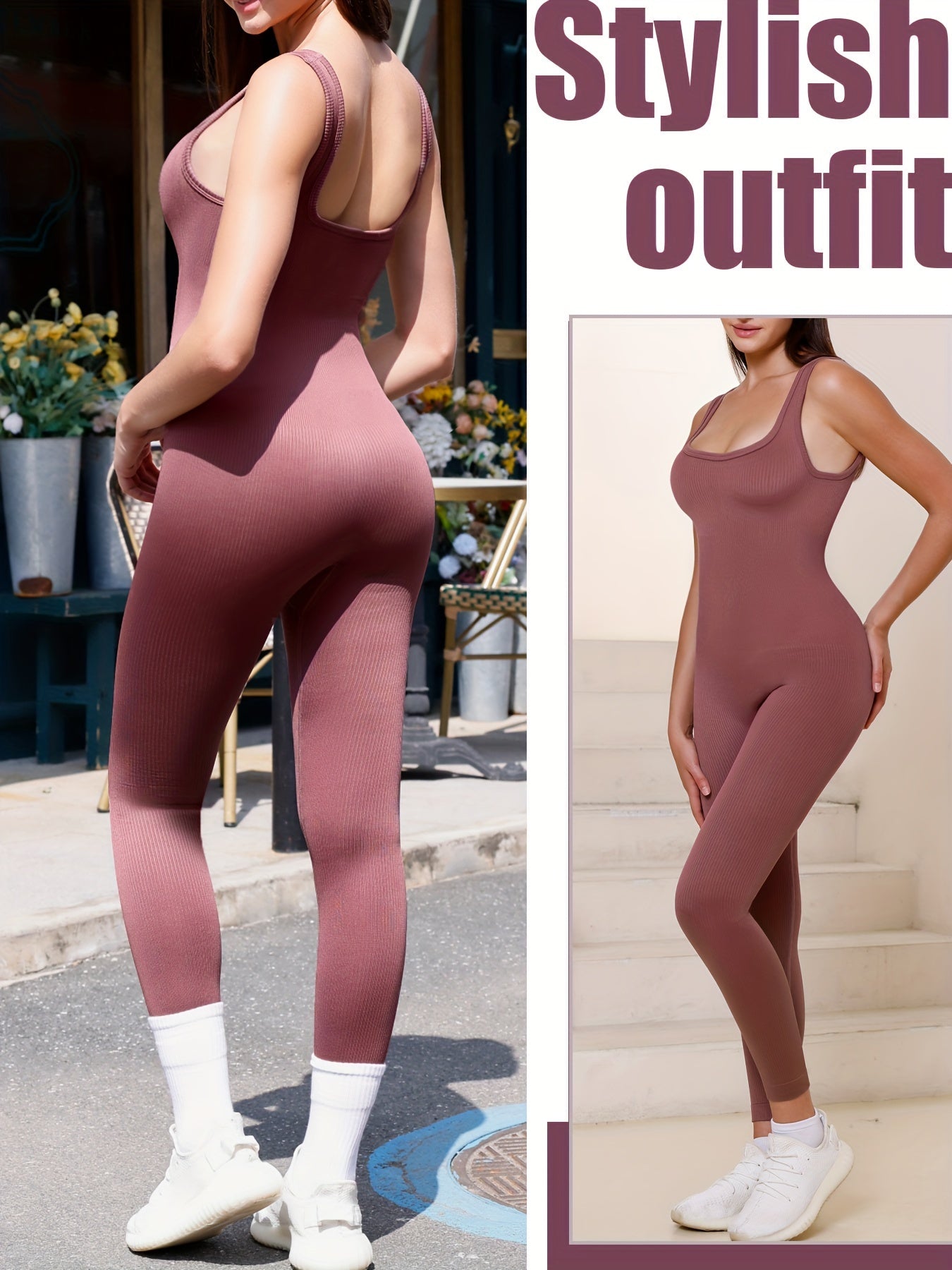 Women's Ribbed Sleeveless Jumpsuit Solid Yoga Activewear