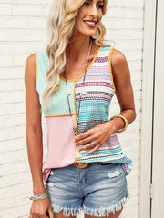 Patchwork Stitching Tank Top Sleeveless Crew Neck Casual Top