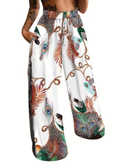 Peacock Print Wide Leg Pants Retro Drawstring Palazzo Pants