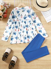 Floral Pattern Girl's 2pcs Peplum Top & Leggings Set