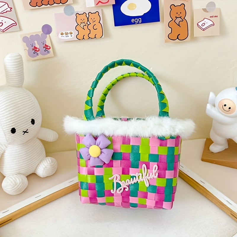 Girls Colorful Braided Basket Bag Handbag With Flower Plush for Holiday Party