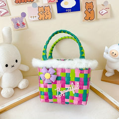Girls Colorful Braided Basket Bag Handbag With Flower Plush for Holiday Party