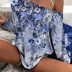 Casual Top Floral Print One Shoulder Long Sleeve Stretch