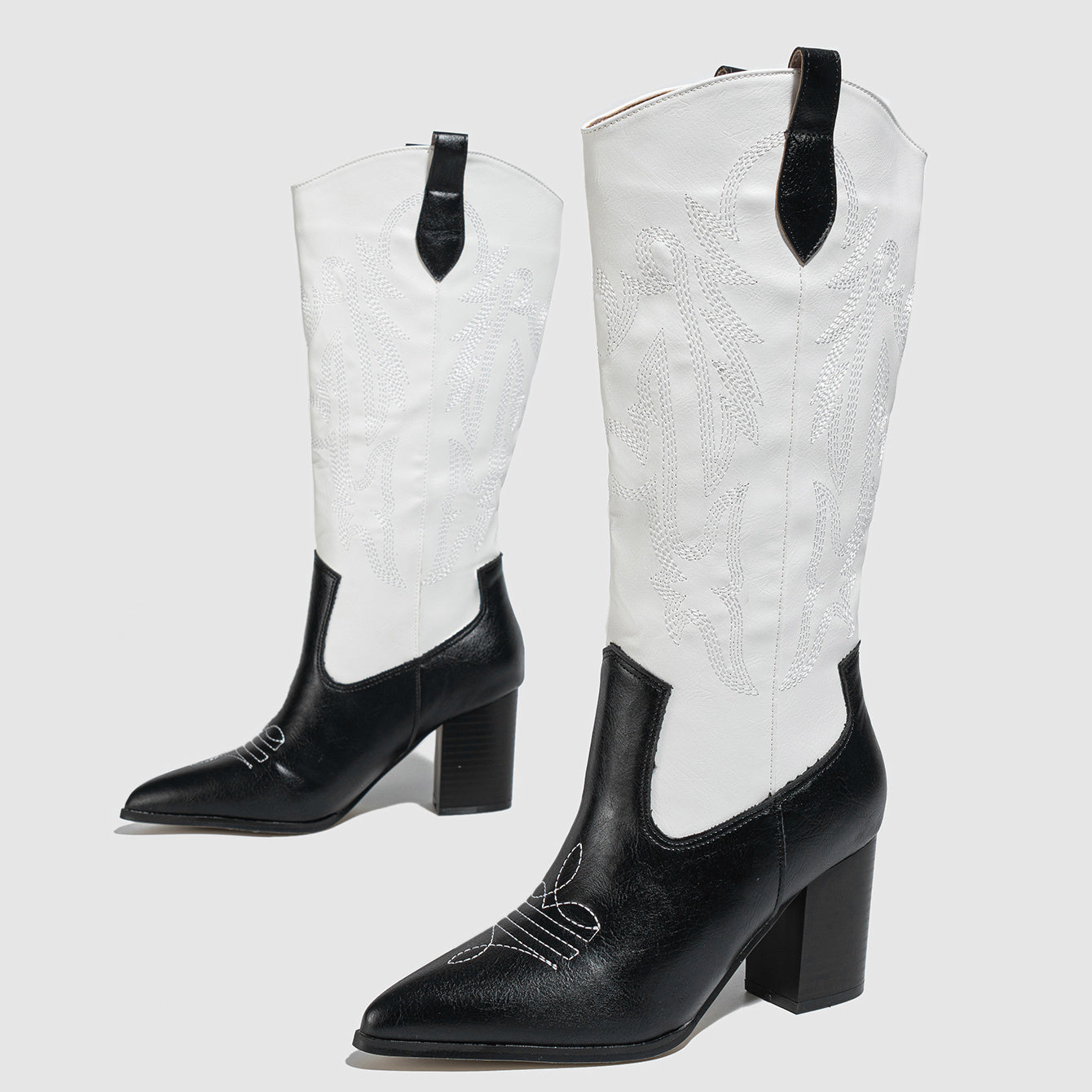 Embroidered Western Boots Point Toe Mid Calf Heel Shoes