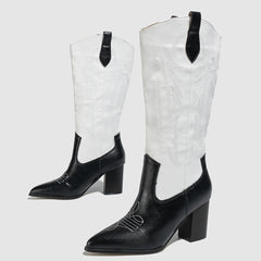 Embroidered Western Boots Point Toe Mid Calf Heel Shoes