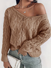 Casual Sweater Solid Cable Knit Long Sleeve V Neck Loose