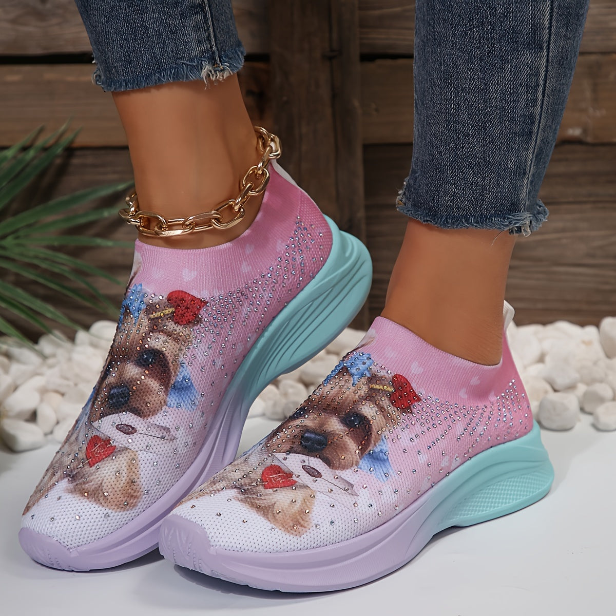 Breathable Cartoon Dog Print Non slip Running Shoes with Rhinestone Decoration