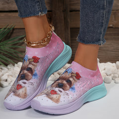 Breathable Cartoon Dog Print Non slip Running Shoes with Rhinestone Decoration