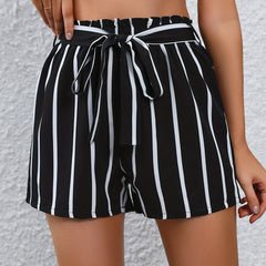 Striped Print Tie Front Shorts Wide Leg Summer Casual Shorts