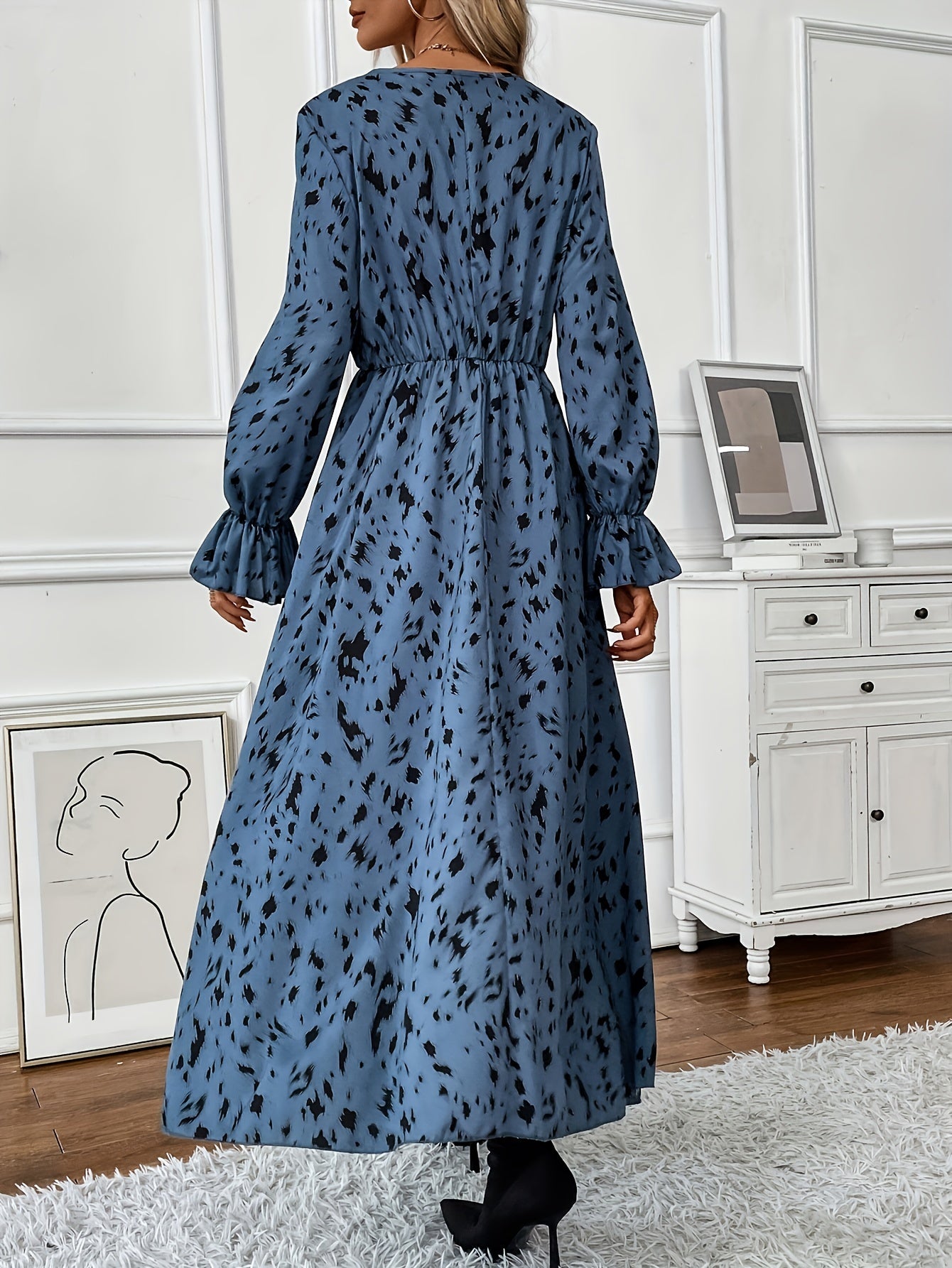 Leopard Print Lantern Sleeve Maxi Dress