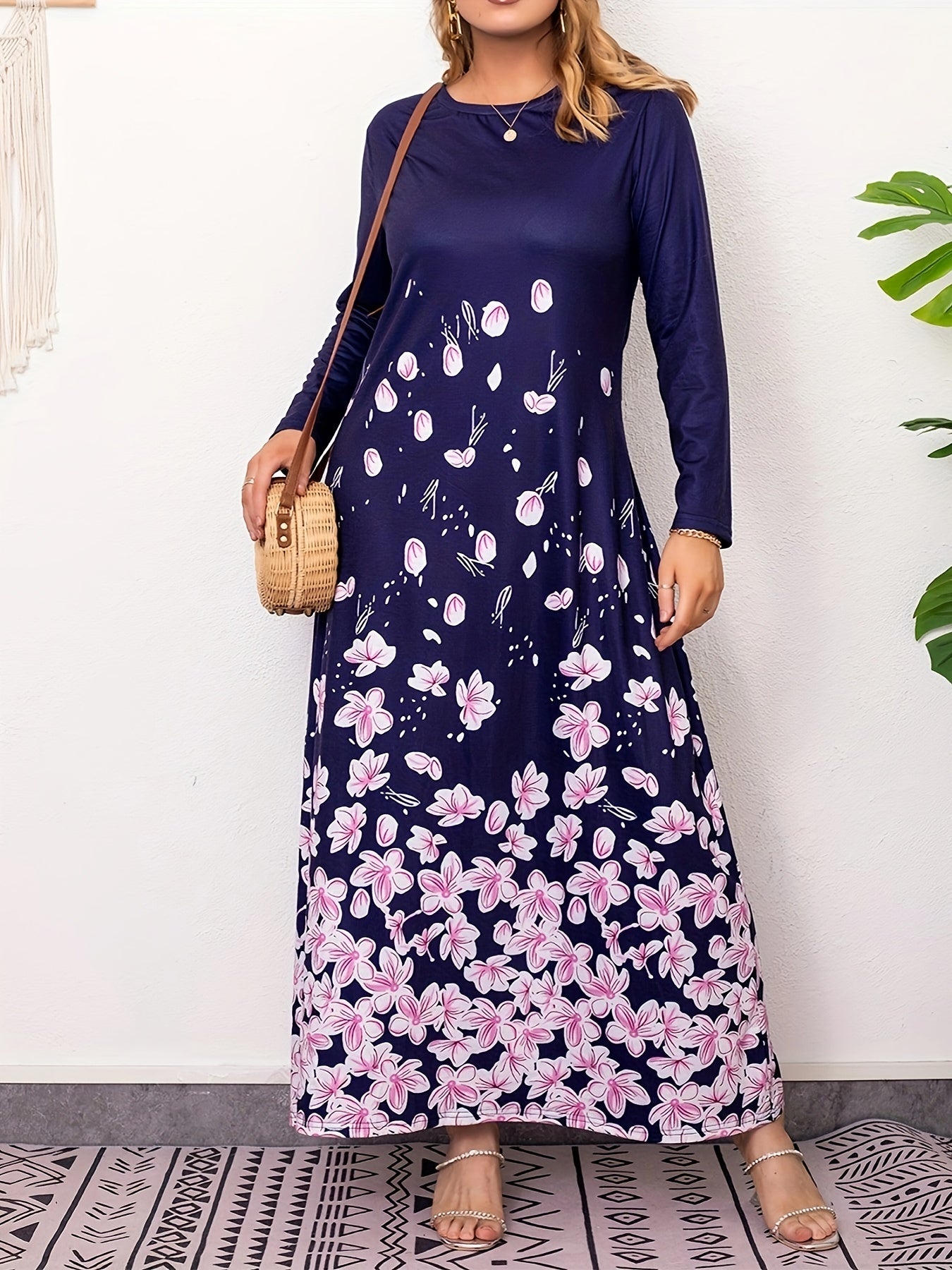 Floral Print Long Sleeve Stretch Dress Plus Size