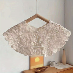 Lace Hollow Out False Collar Ruffles Faux Pearl Button Dickey Collar for Women