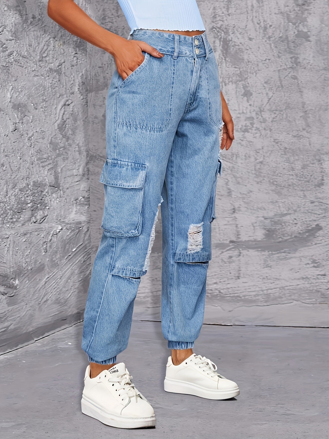 Cargo Pockets Ripped Denim Pants, Y2K & Kpop Style