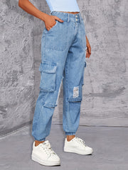 Cargo Pockets Ripped Denim Pants, Y2K & Kpop Style
