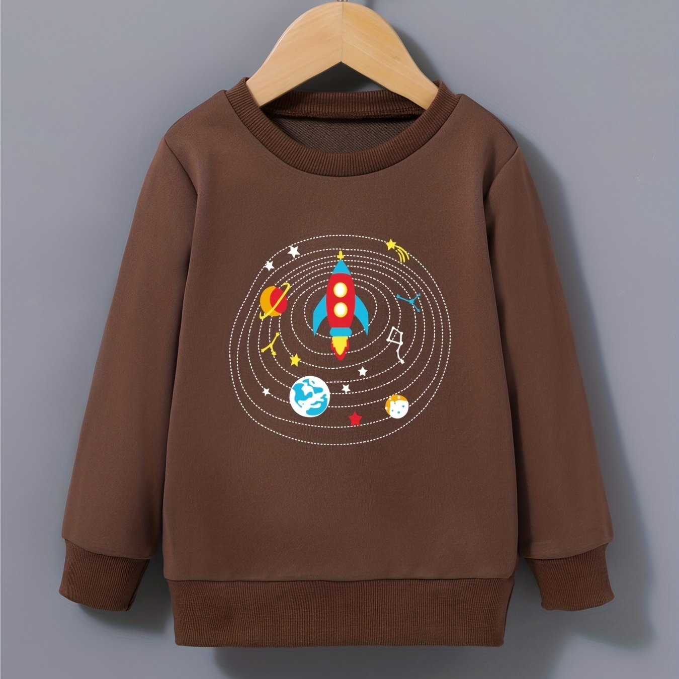 Cartoon Rocket Print Boys Sweatshirt Long Sleeve Crew Neck Tops