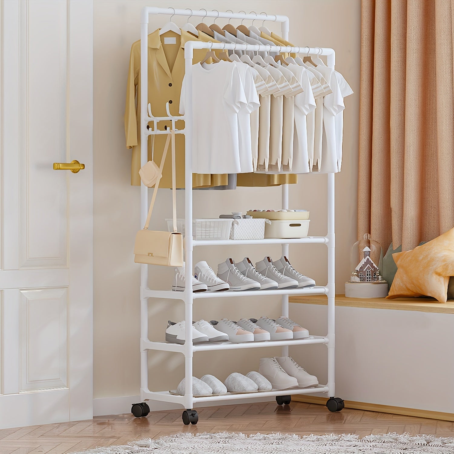 Double Pole Coat Rack With Layer Storage Removable With Pulley 4 Layer