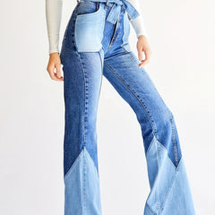 Colorblock High Waist Flare Jeans With Pockets