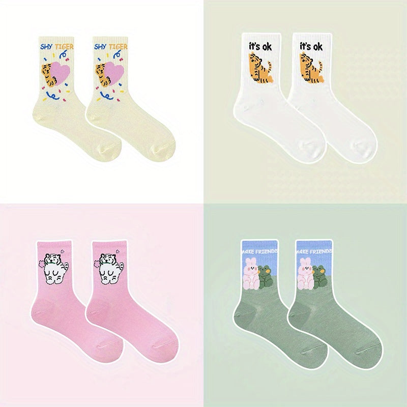 4 Pairs Cartoon Animal Print Socks Women's Stockings & Hosiery