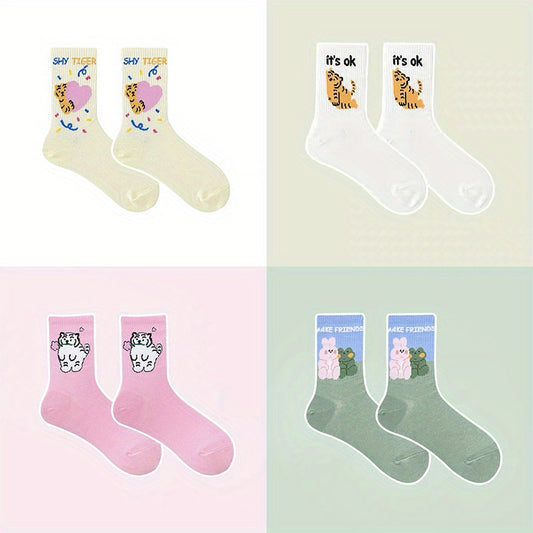 4 Pairs Cartoon Animal Print Socks Women's Stockings & Hosiery