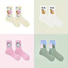 4 Pairs Cartoon Animal Print Socks Women's Stockings & Hosiery