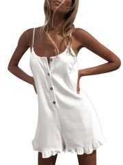 Boho Ruffle Trim Jumpsuit Button Front Casual Sleeveless