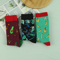 Men's Cartoon Crew Socks, 3 Pairs, Comfy Street Style, All Seasons