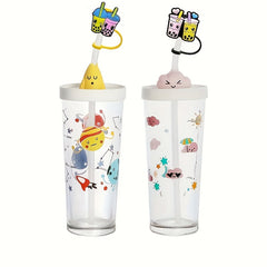 12pcs Reusable Silicone Straw Cap Cartoon Drinking Straw Plugs