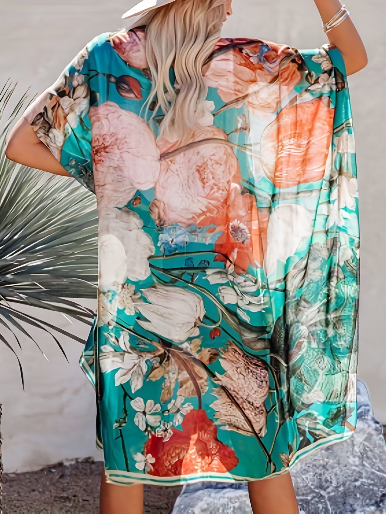 Floral Print Kimono Sleeve Cover Up Loose Open Front Cardigan Beachwear