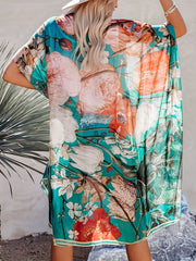 Floral Print Kimono Sleeve Cover Up Loose Open Front Cardigan Beachwear