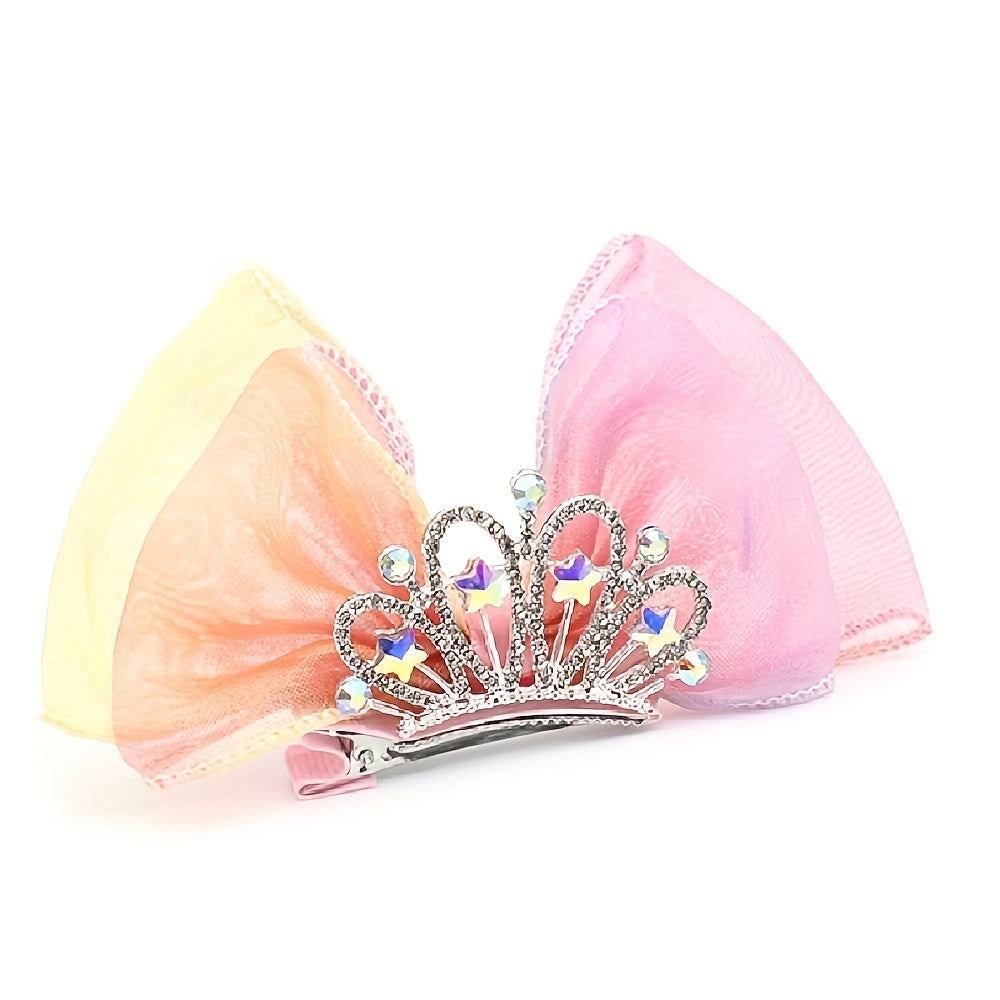 2pcs Girls Mesh Bow Hair Clips Crown Decor Hairpins