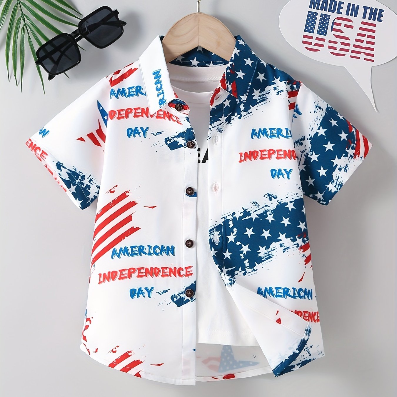 Boys Independence Letter Print Casual Lapel Shirt