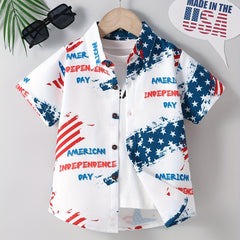 Boys Independence Letter Print Casual Lapel Shirt