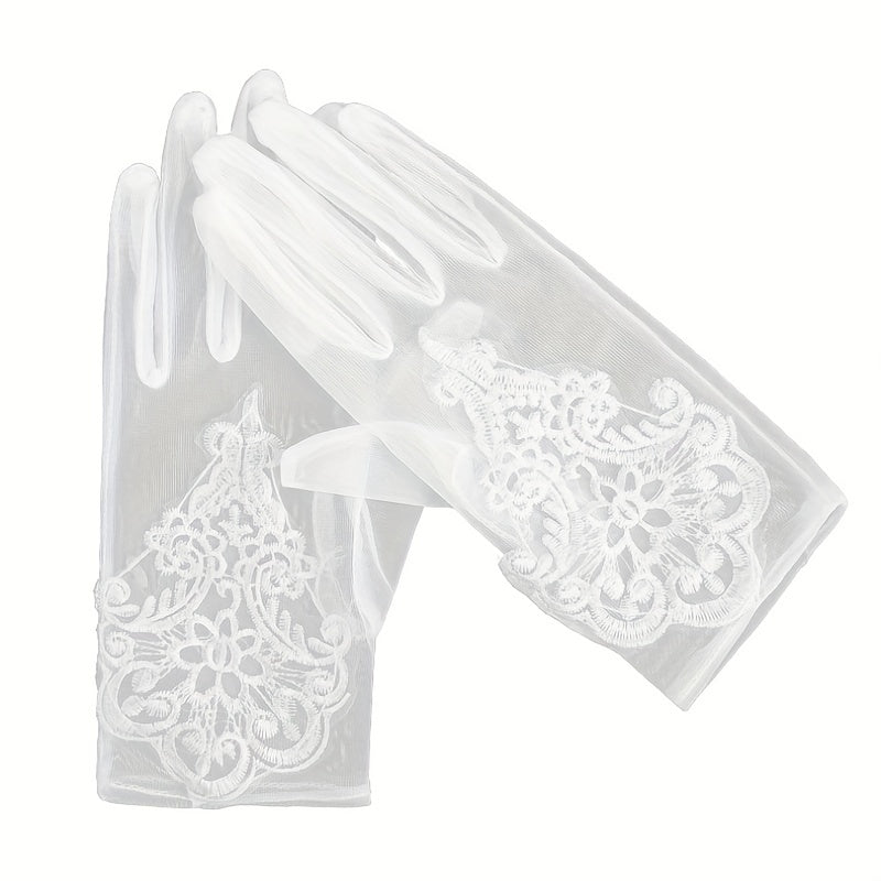 Bridal Wedding Dress Gloves Mesh Lace Floral Embroidery Gloves Short