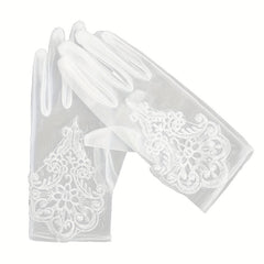 Bridal Wedding Dress Gloves Mesh Lace Floral Embroidery Gloves Short