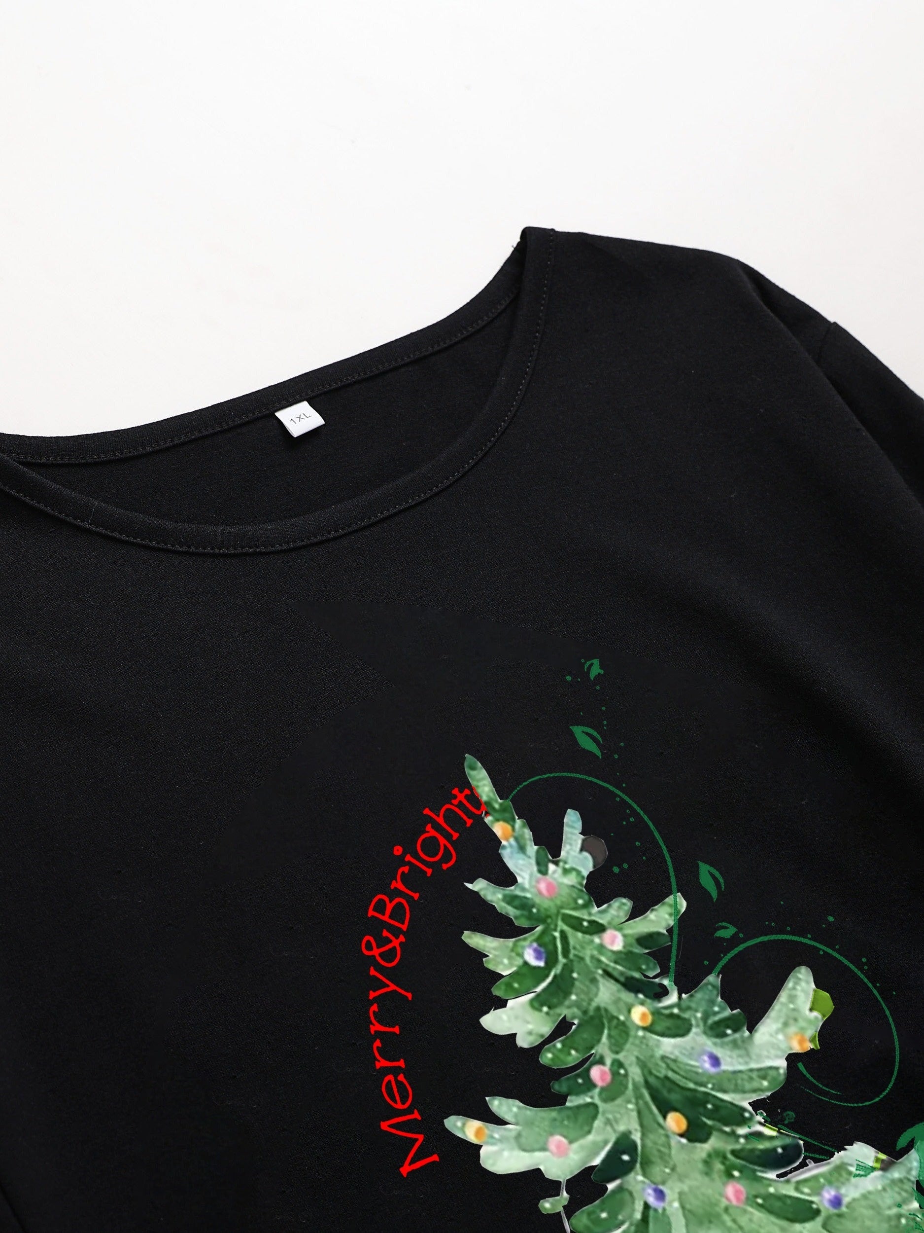 Xmas Tree & Slogan Print Long Sleeve Round Neck Baggy Dress