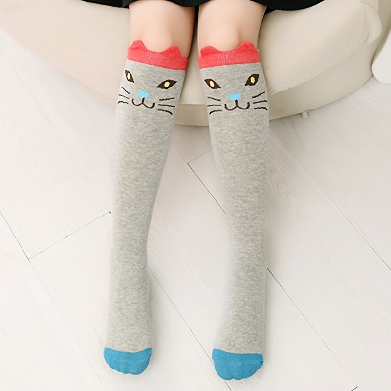 Girls Cartoon Cat Knee High Socks Breathable Comfy Stockings for Spring Autumn