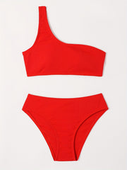 Girl's Solid Bikini Set One Shoulder Tank Top & Briefs