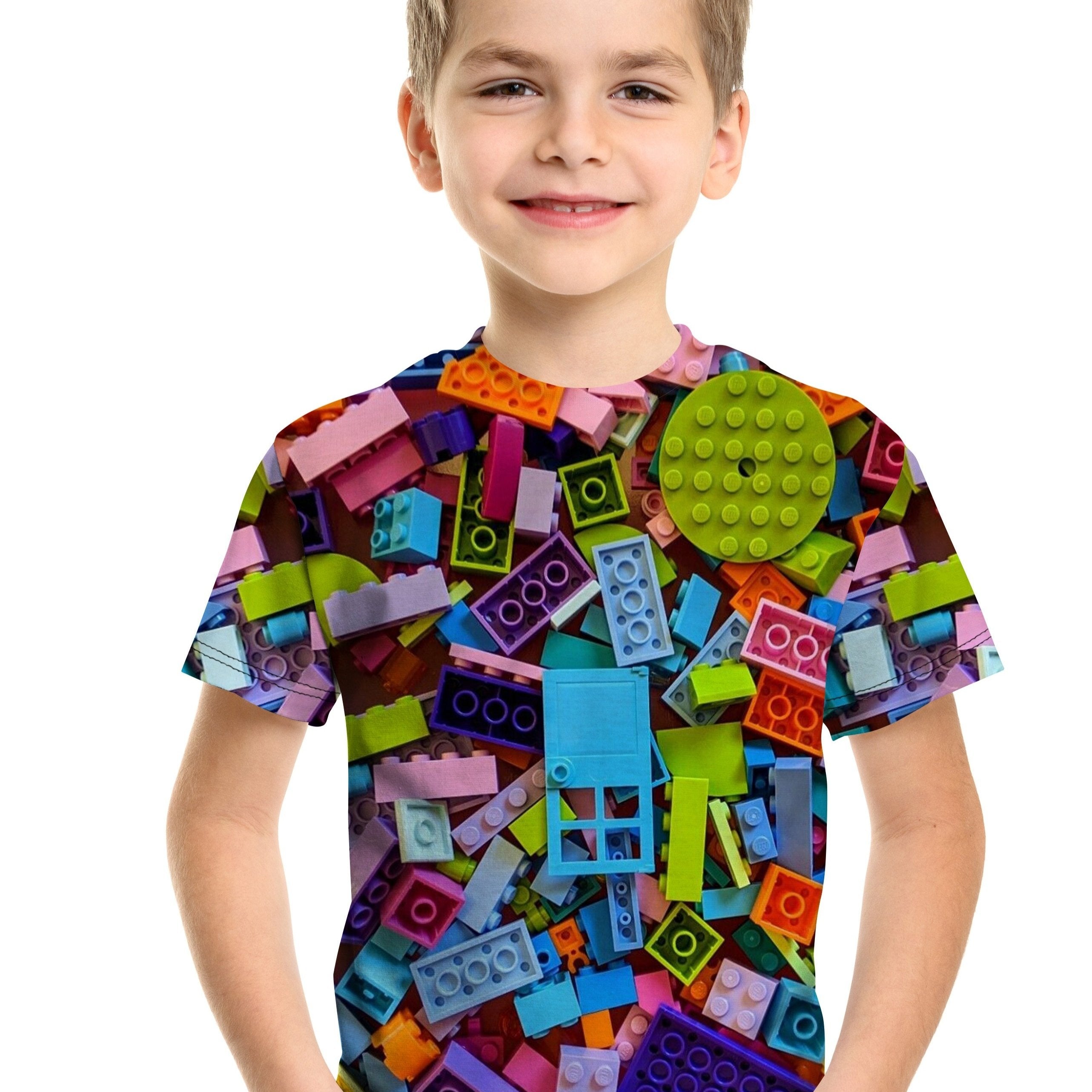 Colorful Building Block 3D Print Boy's T-shirt Short Sleeve Outdoor Sports Tee