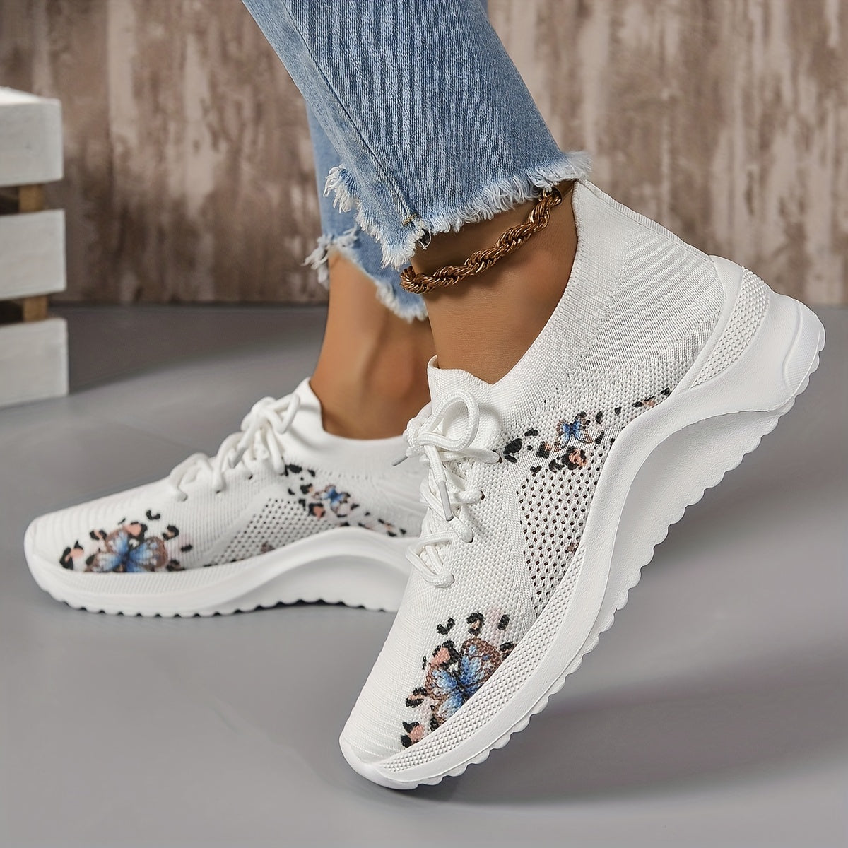 Women's Butterfly Print Knitting Sports Lace Up Sneakers