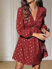 Graphic Print Twist Front Dress Casual V Neck Long Sleeve Dress